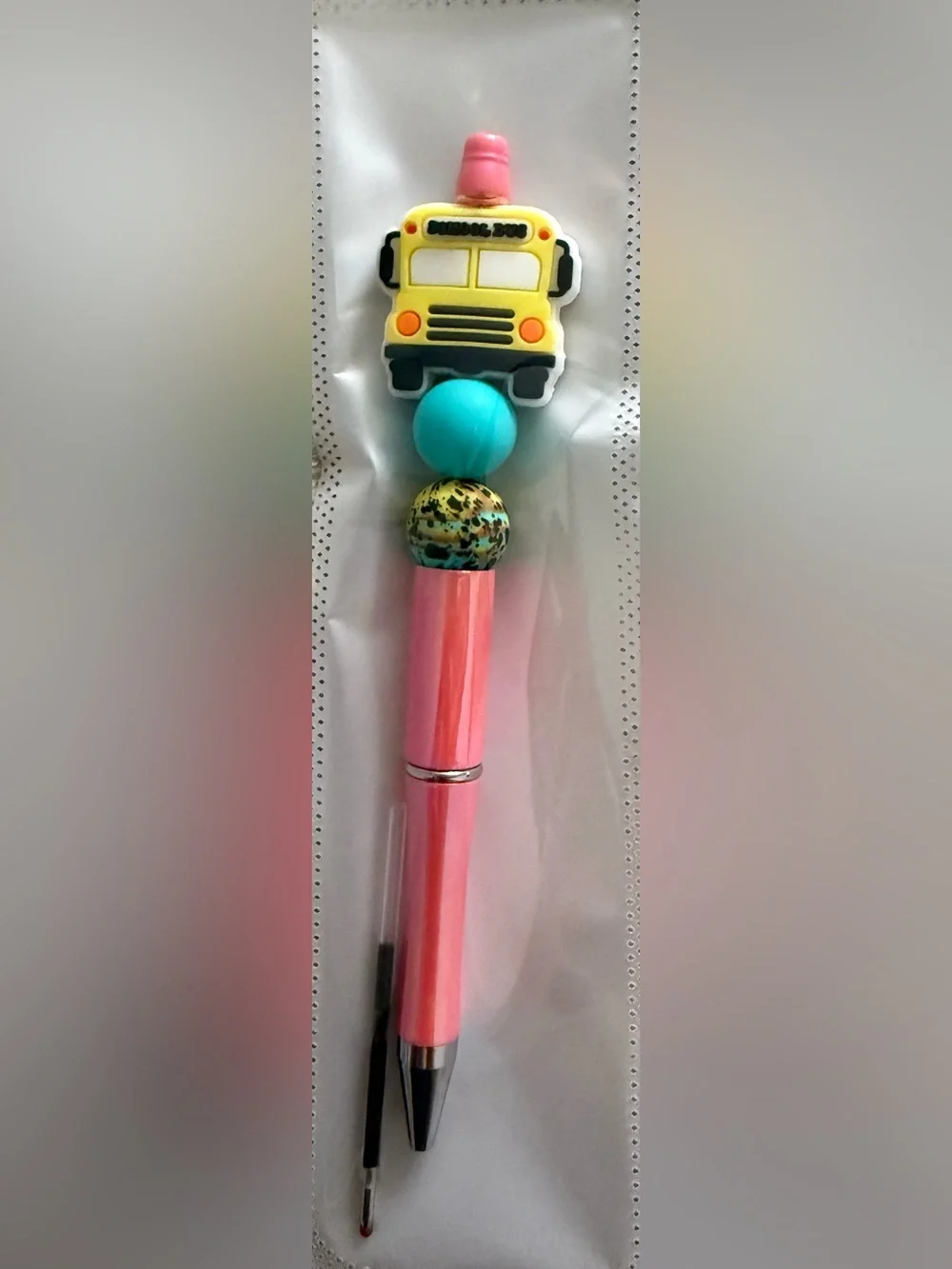Novelty Pink School Bus Bead Pen with Blue Accent